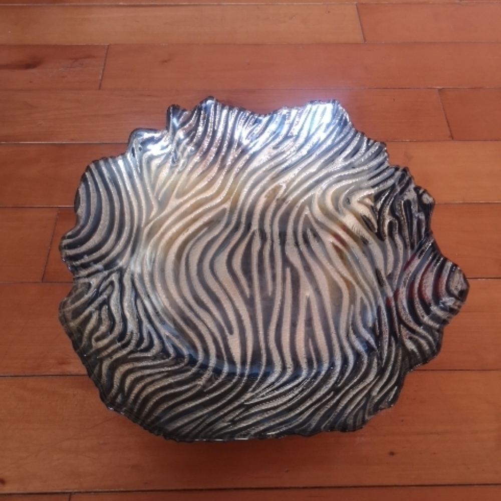 Silver Mercury Glass Art Decor 14" Wide, Centerpiece, Zebra Stripes, Ruffle Edge